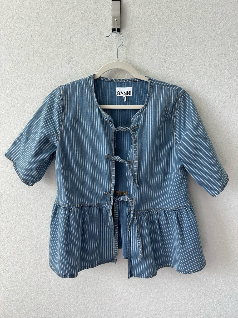 GANNI Peplum Striped Denim Blue Blouse SZ US 4, FR 36, S - Picture 2 of 6